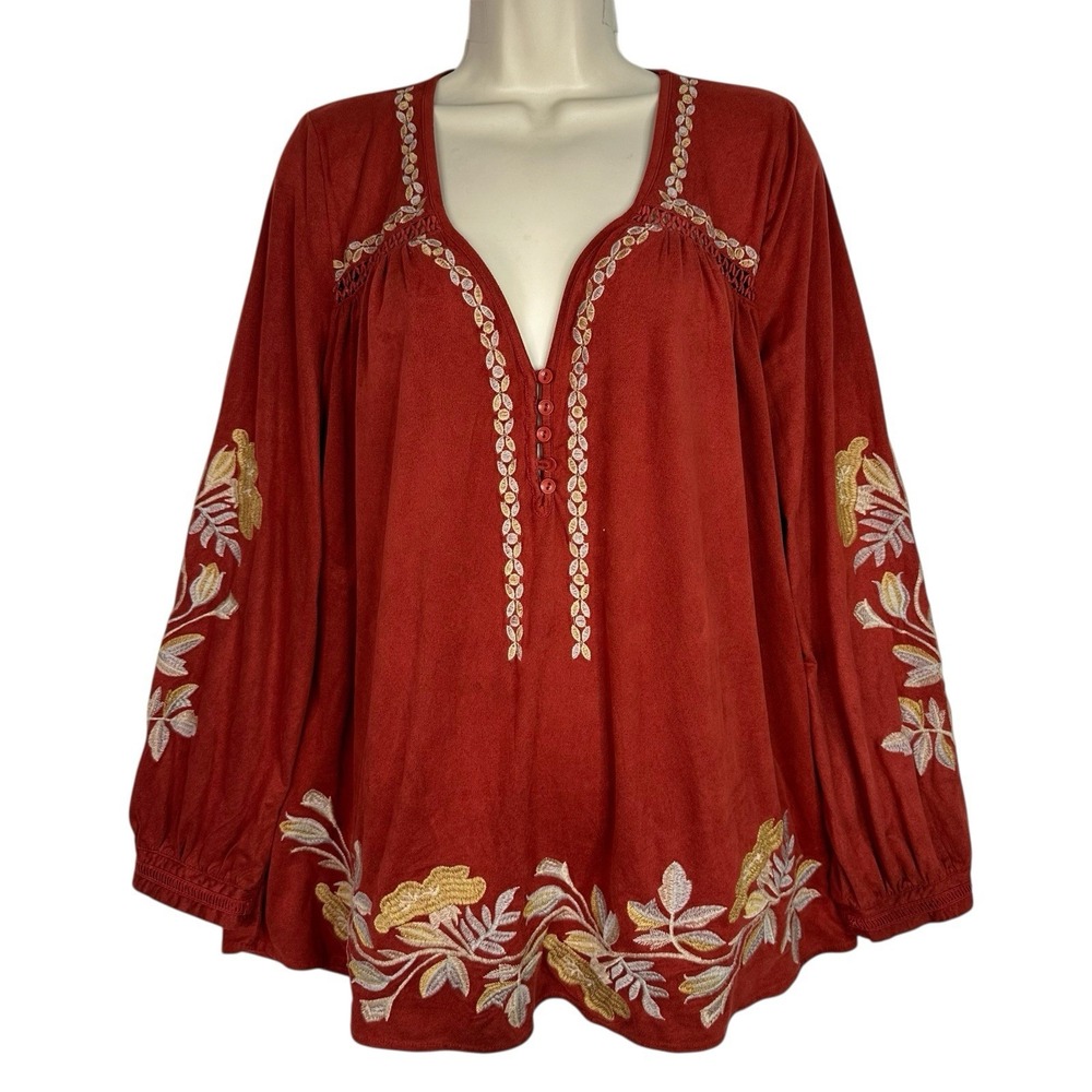 Monoreno Rust Red Embroidered Peasant Tunic with Gold and Cream Floral Accents